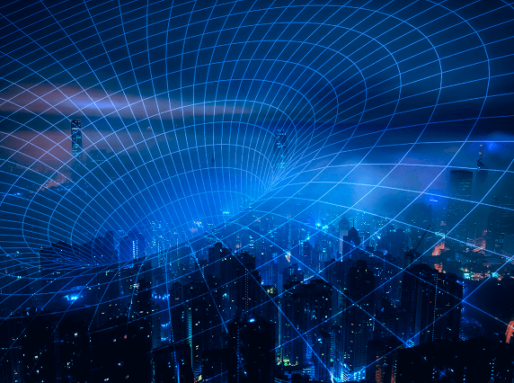 Global network connecting a city skyline